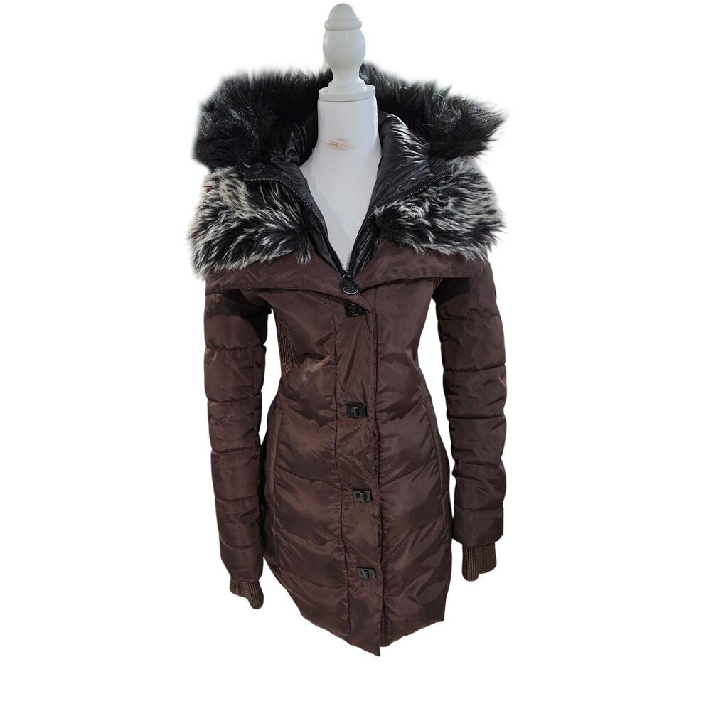 Nicole Miller Studio Brown Long Puffer Coat Faux Fur Hood Women’s M